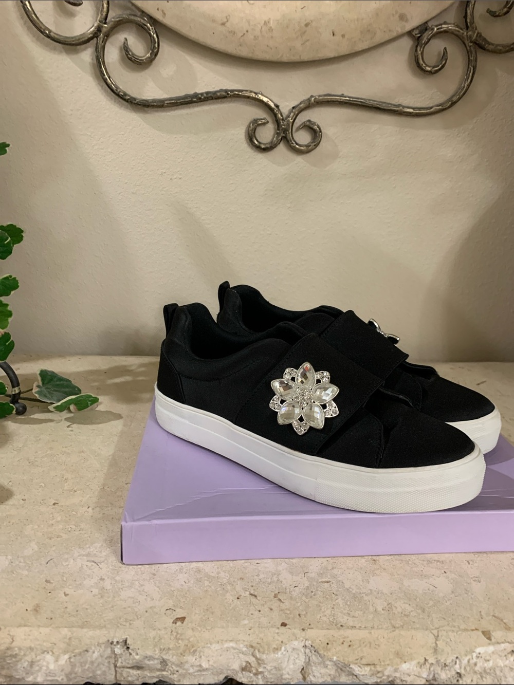 Madden Girl Black Slip-On Sneakers with Crystal Flower Accent